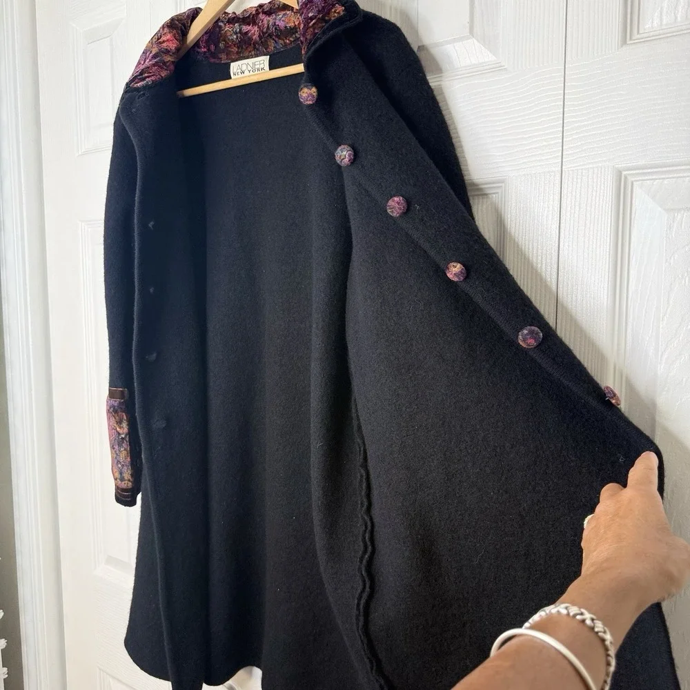 Vintage Ladier New York Artsy Black Coat with Colorful Patterned Collar Cuffs M